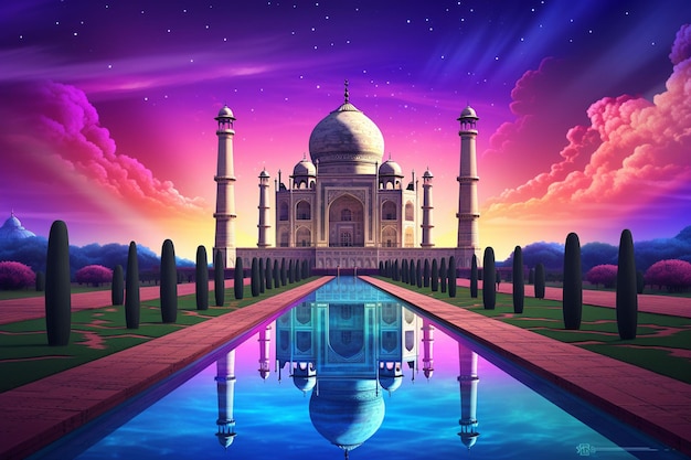 Taj Mahal con el reflejo en el estanque renderización 3D ai generado