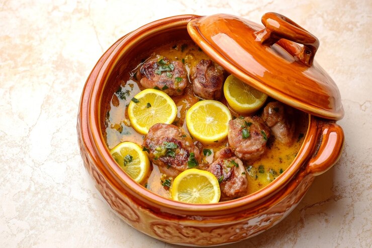 Foto tajin de pollo con limon en un recipiente de barro cocido ideal para una comida tradicional mediterránea