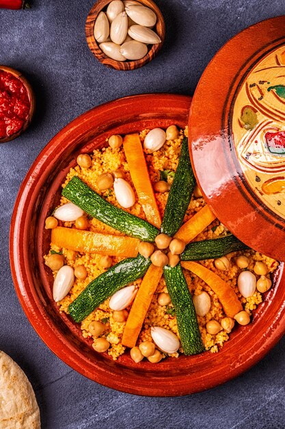 Tajín de verduras con cuscús de almendras y garbanzos