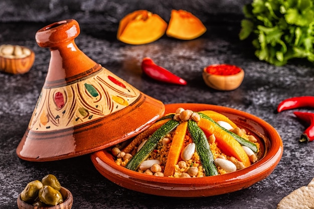 Foto tajín de verduras con cuscús de almendras y garbanzos