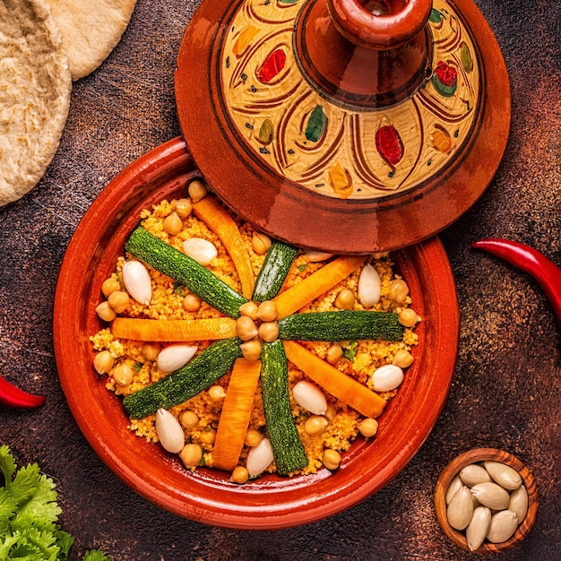 Tajín de verduras con cuscús de almendras y garbanzos