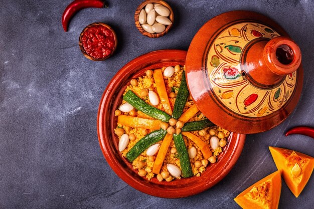 Tajín de verduras con cuscús de almendras y garbanzos