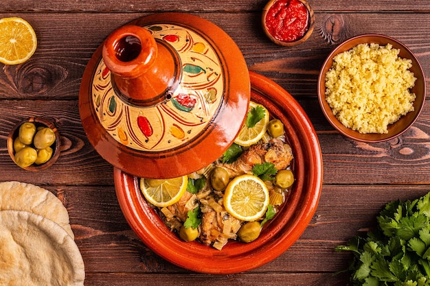 Tajine marroquí tradicional de pollo con aceitunas de limones salados