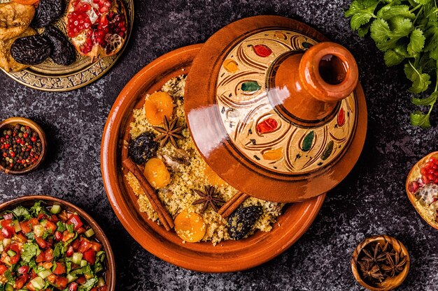 Foto tajine marroquí tradicional de pollo con frutos secos y especias