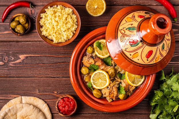 Tajine tradicional marroquina de frango com limões salgados azeitonas