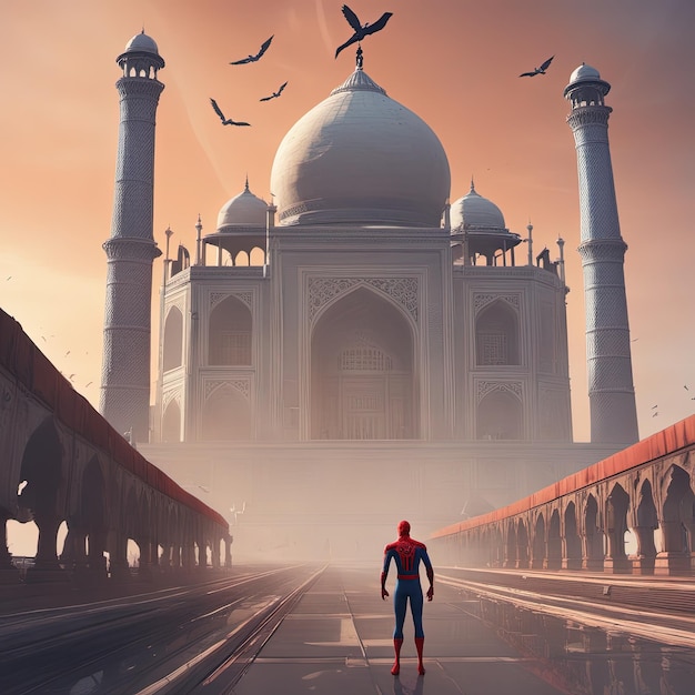 Foto tajmahal com o homem-aranha homem-aranha correndo em tajmehal