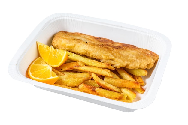 Takeaway-Box Fisch- und Chips-Gericht mit Pommes Frites Isoliert auf weißem Hintergrund Top-View