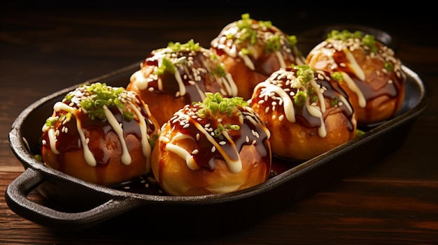 Takoyaki o bolas de pulpo a la parrilla con salsa Worcester y mayonesa