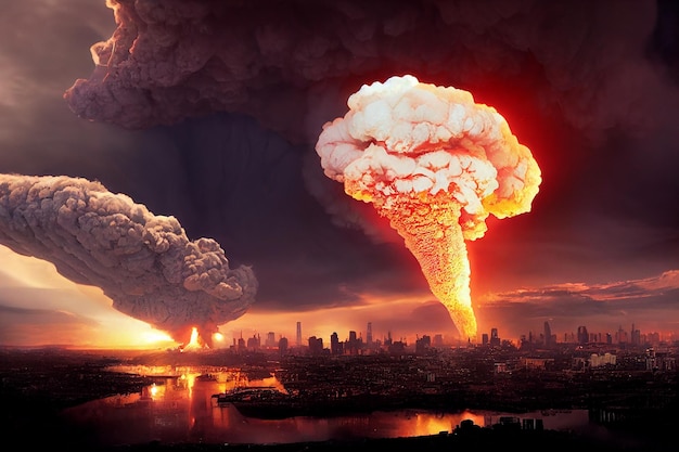 Taktische Atombombenexplosion in der Stadt 3D-Kunstwerk Spektakuläre Illustration
