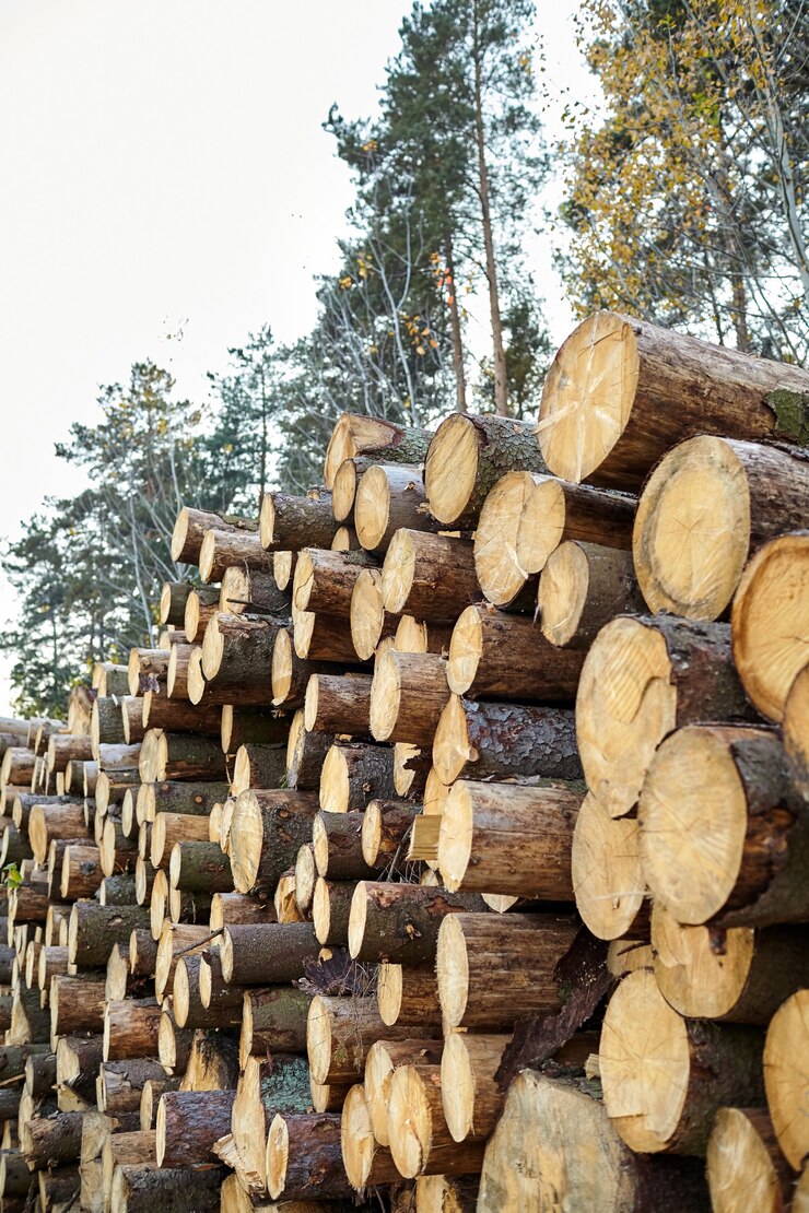 Tala de árboles. Deforestación. Tala de árboles oníferos. Troncos apilados en el bosque. Tablas de madera