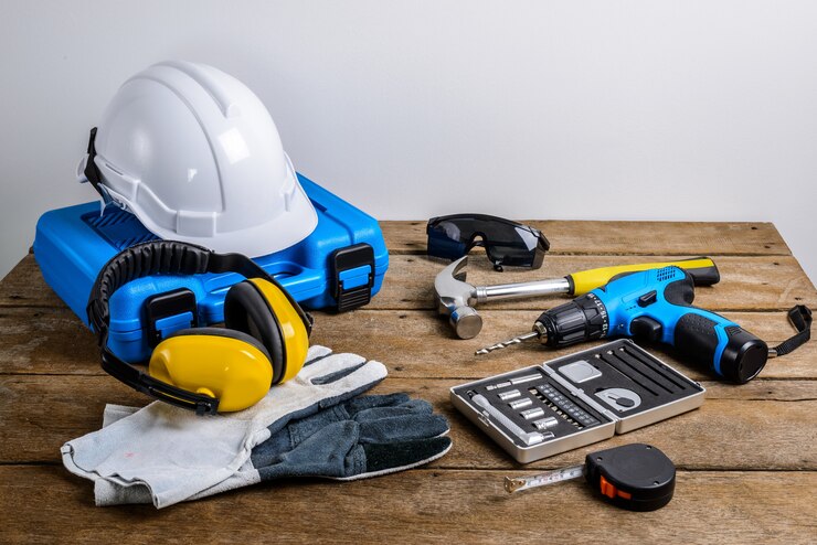 Foto taladro y conjunto de taladro, herramientas, carpintero y seguridad, equipo de protección