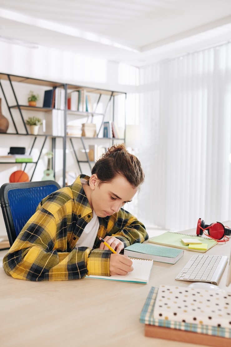 Foto talentierter kreativer teenager, der skizzen für schulprojekt zeichnet
