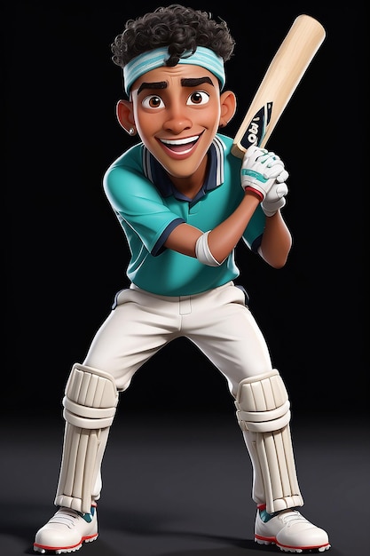 Talento de personaje de dibujos animados con el joven étnico del murciélago en traje de cricket