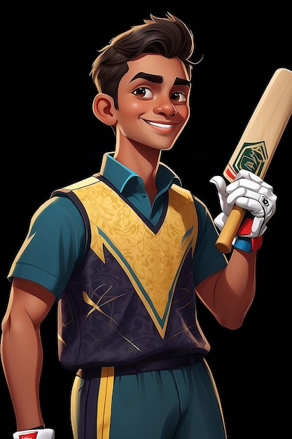 Talento de personaje de dibujos animados con el joven étnico del murciélago en traje de cricket