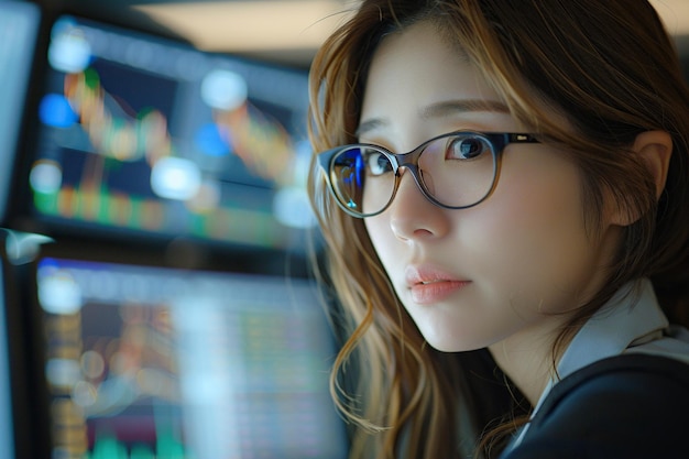 Talentosa inversora japonesa en la bolsa de valores que trabaja en la computadora de escritorio Compañía de comercio de día comparte valiosas inversiones tecnológicas Comunicándose con los clientes Retrato de una especialista femenina