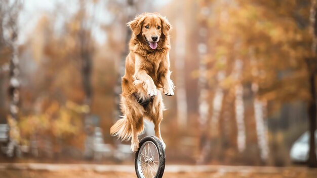 Foto un talentoso golden retriever monta un monociclo a través de un parque el perro lleva un casco de seguridad y está pedaleando furiosamente