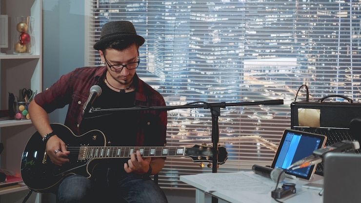 Foto talentoso guitarrista con sombrero y ropa casual de moda tocando la guitarra y cantando en el estudio de grabación en casa
