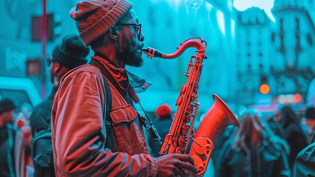Foto un talentoso músico callejero toca el saxofón en la ciudad por la noche lleva un sombrero y gafas el saxófono es rojo y brillante