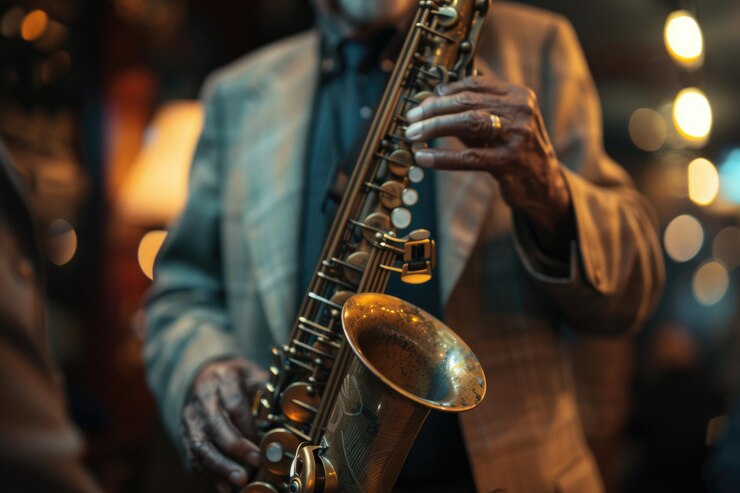Foto un talentoso músico de jazz está actuando con un saxofón en un vibrante club del centro aig62