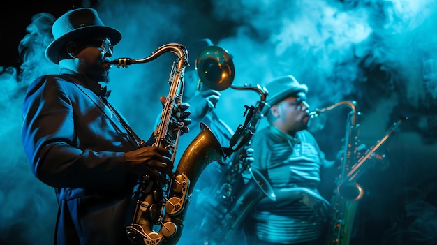 Foto un talentoso músico de jazz toca el saxofón en el escenario con sus compañeros de banda en el fondo las luces azules del escenario crean una atmósfera dramática