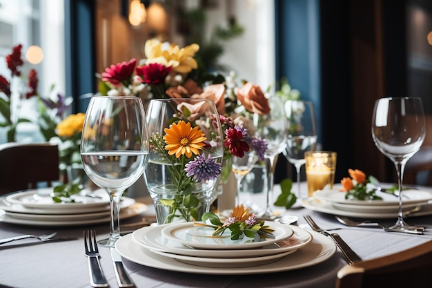 Talheres copos flor garfo faca servida para jantar em restaurante com interior aconchegante