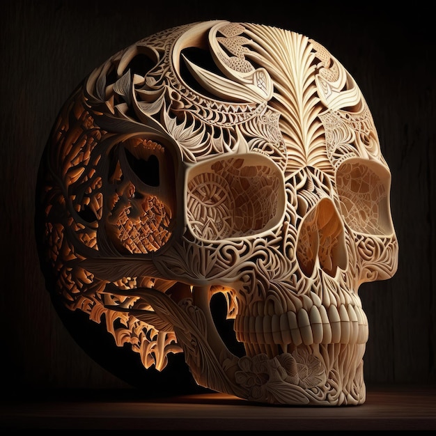 Talla de madera bellamente intrincada de un cráneo de pino claro Fondo negro IA generativa