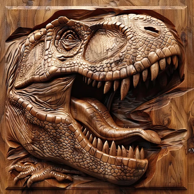 Una talla de madera de una cabeza de dinosaurio