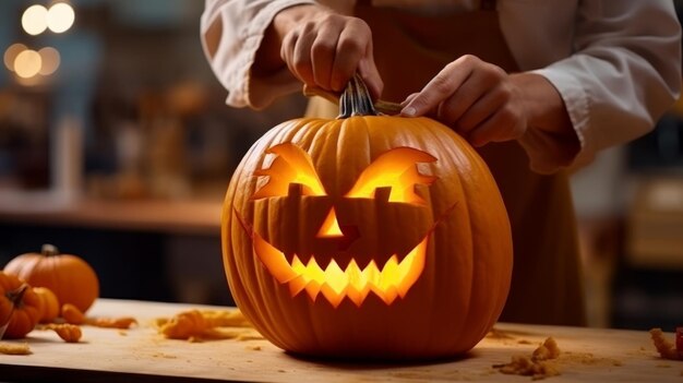 Foto tallar una espantosa calabaza en el fondo de la cocina para halloween con espacio para copiar