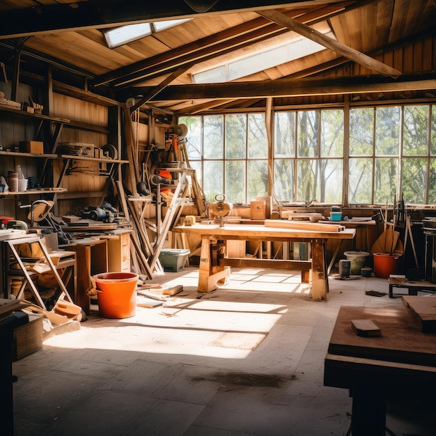 Foto taller artesanal de carpintería en la luz rústica