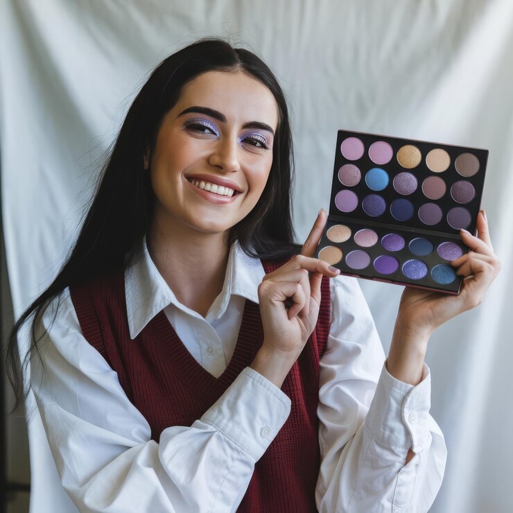 Foto taller de belleza joven mujer sonriente dando nuevas sombras de ojos a la audiencia onine