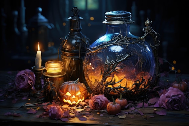 Taller de brujas mágicas con botella de veneno de cristal de calabaza y velas para rituales mágicos con motivo de la celebración de Halloween