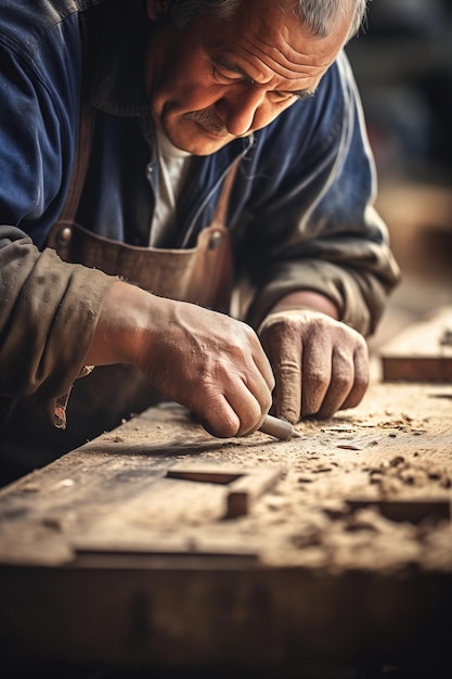 Foto taller de carpintería de handson martillando clavos en una tabla de madera enfoque selectivo