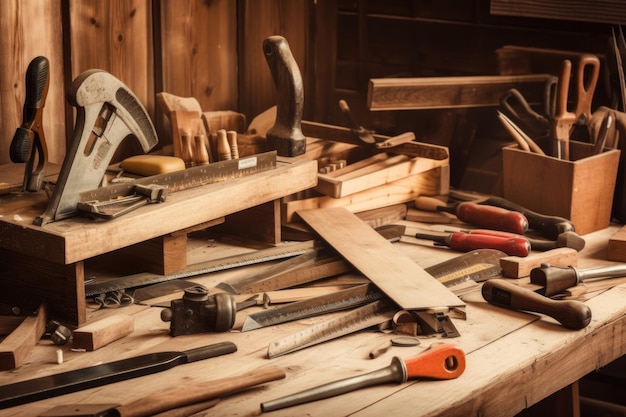 Taller de carpintería con herramientas sierras y clavos en madera creado con ai generativo