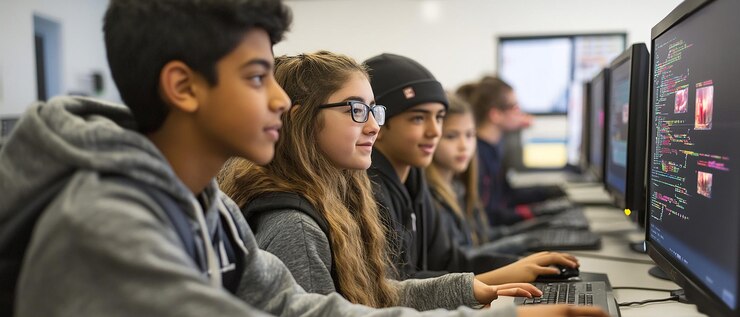 Foto taller de codificación de alta tecnología con equipos avanzados