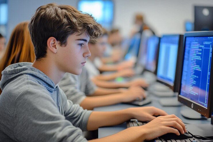 Foto taller de codificación de alta tecnología con equipos avanzados