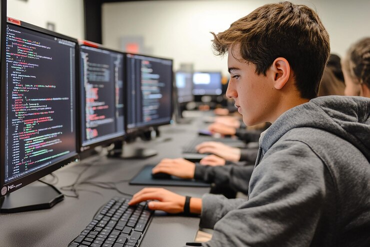 Foto taller de codificación de alta tecnología con equipos avanzados