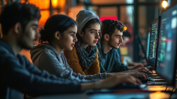 Foto taller de codificación juvenil en el laboratorio de tecnología moderna que promueve la igualdad en la tecnología y el acceso a la educación