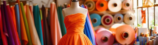 Un taller de diseñadores con un vestido naranja vibrante en un maniquí