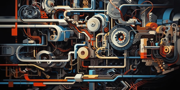 Un taller en la fábrica lleno de varios mecanismos y tuberías de estilo steampunk que muestran una fusión de estética retrofuturista y encanto industrial IA generativa