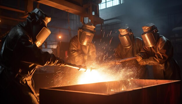 Taller de fabricación de acero con soldadores trabajadores industriales con ropa de protección