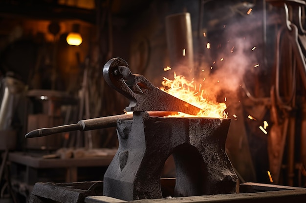 Taller de herrería con fuego de yunque y destellos. IA generativa