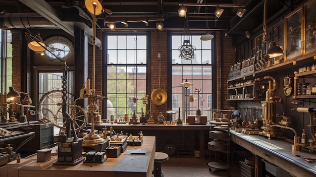 Foto un taller lleno de aparatos de bronce y cobre engranajes y invenciones a vapor generativo ai