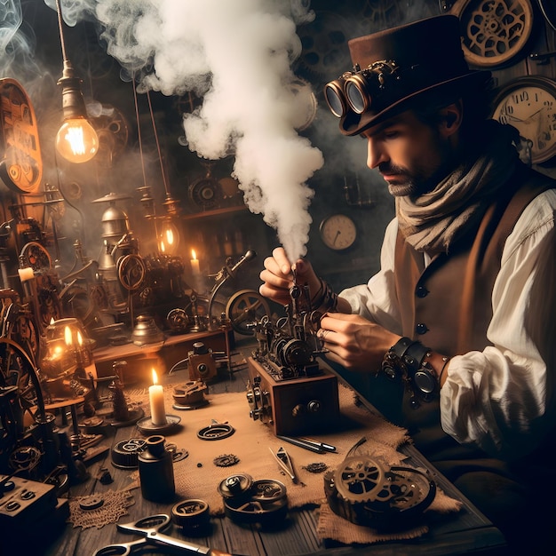 En un taller lleno de vapor el inventor del steampunk trabaja con artilugios de reloj en medio del silbido