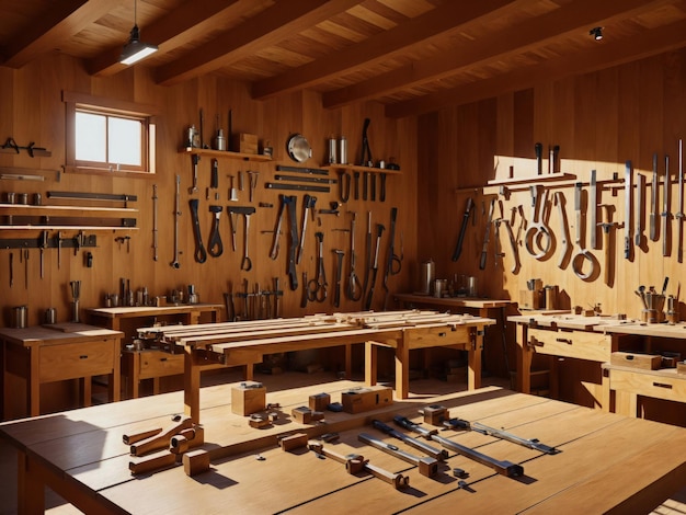 Un taller de madera con herramientas colgadas en la pared.