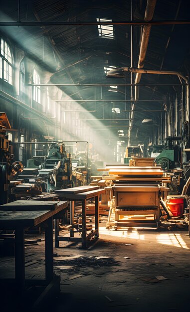 Un taller de muebles vacío con maquinaria y una hermosa luz