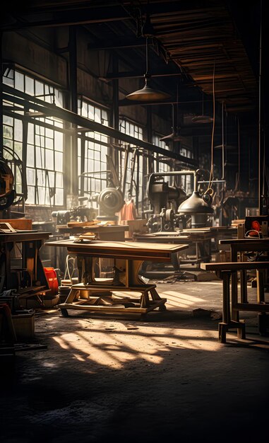 Un taller de muebles vacío con maquinaria y una hermosa luz