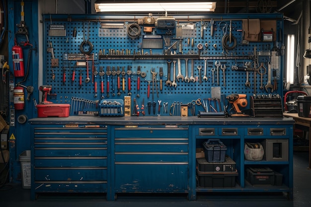 Taller organizado con herramientas colgadas en pegboard