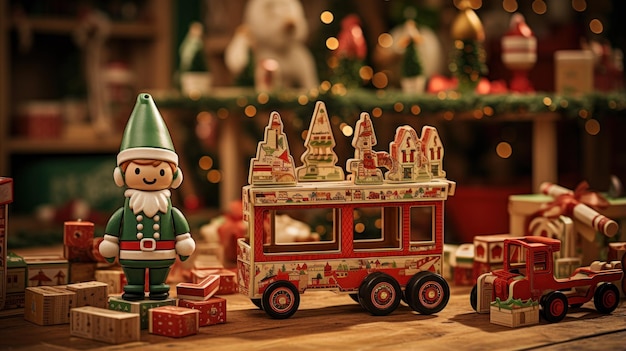 Taller de Papá Noel, juguetes rojos y verdes, regalos y duendes.