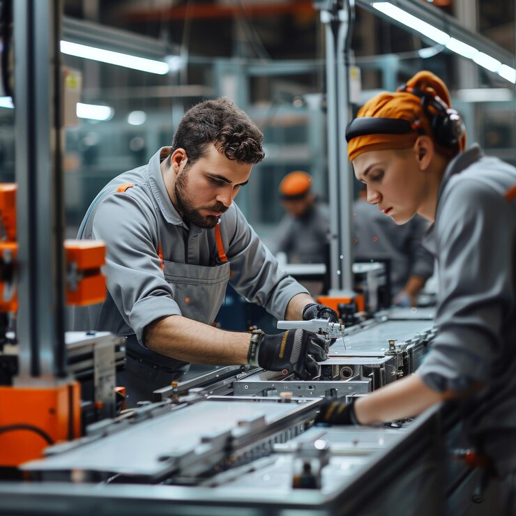 En el taller de producción de una empresa industrial, los trabajadores utilizan equipos y plantillas avanzadas para la producción