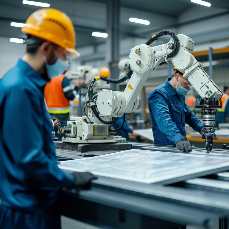 En el taller de producción de una empresa industrial, los trabajadores utilizan equipos y plantillas avanzadas para la producción